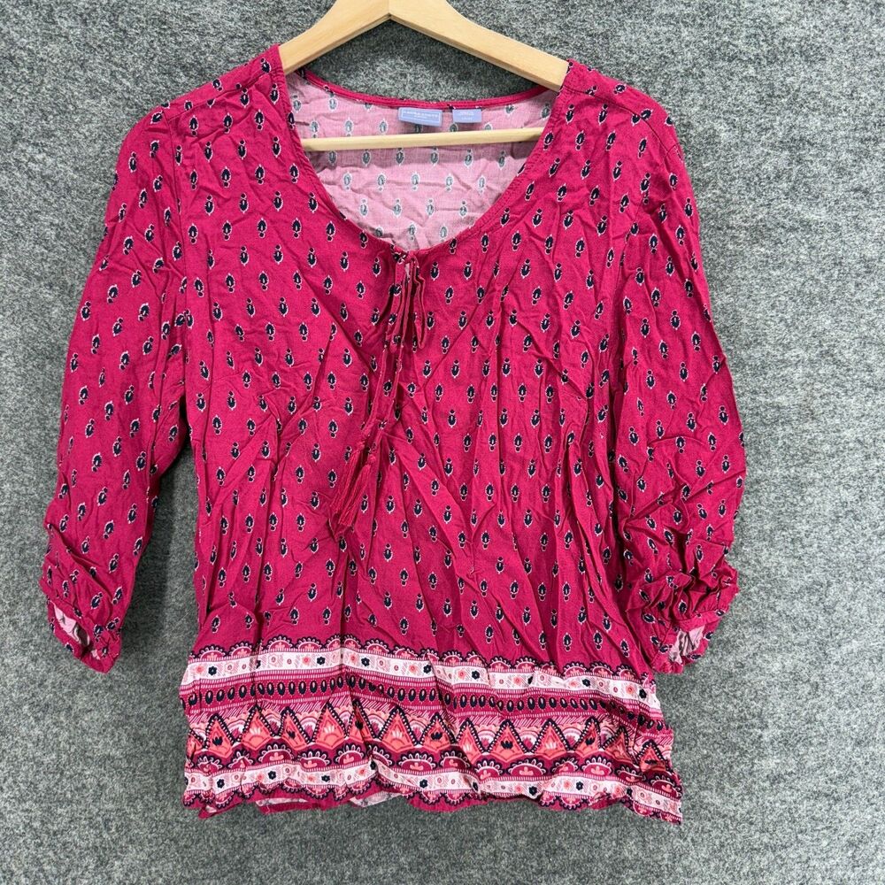 Laura Scott Blouse Women Ps Petite Pink Geometric Tasseled 3/4 Sleeve Rayon